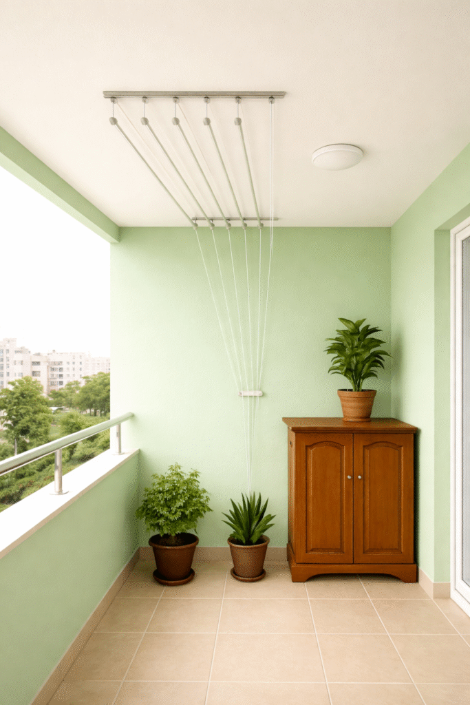 pastel balcony with greenery and wooden accents